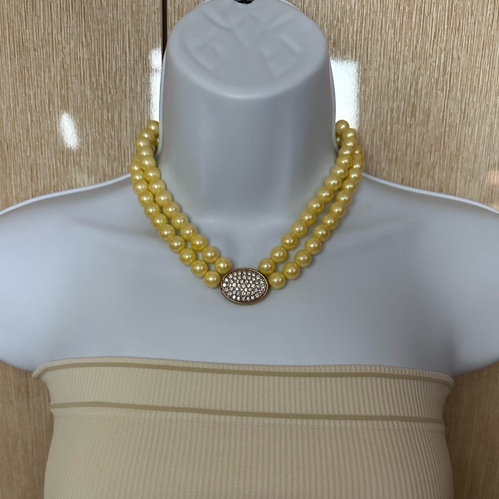 AVON VINTAGE President's Club Double Strand Faux Pearl Pavé Crystal Oval Pendant